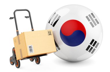 Güney Kore bayrağı taşıyan el arabasında bir paket var. Nakliye Güney Kore 'de, konsept. Beyaz arkaplanda 3B görüntüleme izole edildi