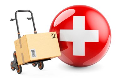 El arabasında İsviçre bayrağı olan bir paket var. İsviçre 'de nakliye, konsept. Beyaz arkaplanda 3B görüntüleme izole edildi