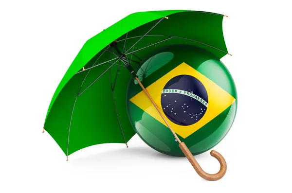 Brazylijska Flaga Pod Parasolem Ochrona Bezpieczeństwo Koncepcji Brazylii Renderowanie Izolowane — Zdjęcie stockowe