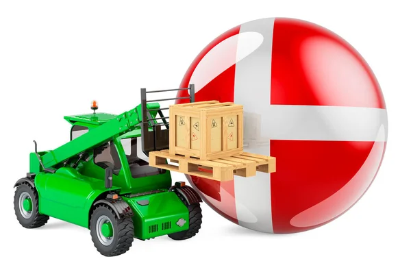 Dánská Vlajka Teleskopickým Manipulačním Vozem Balíkem Nákladní Doprava Dánsku Koncept — Stock fotografie