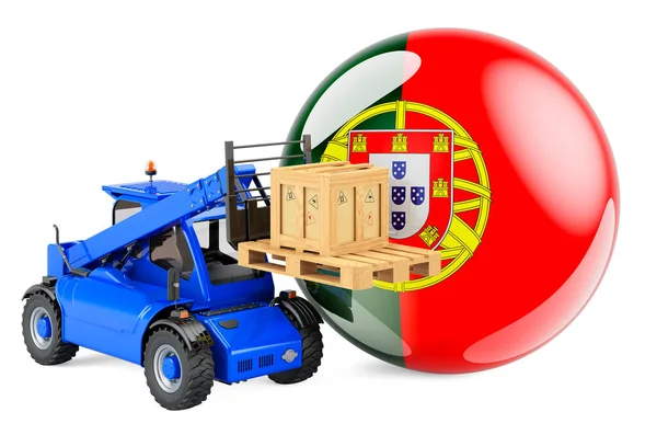 葡萄牙国旗与伸缩处理卡车和包裹 在葡萄牙货运概念 3D渲染隔离的白色背景 — 图库照片