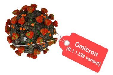Omicron Covid varyantı B.1.529. Etiketli Coronavirus. Beyaz arkaplanda 3B görüntüleme izole edildi