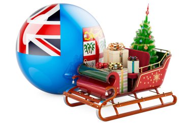 Fiji 'de Noel, konsept. Fiji bayrağıyla hediye dolu Noel Baba kızağı. Beyaz arkaplanda 3B görüntüleme izole edildi