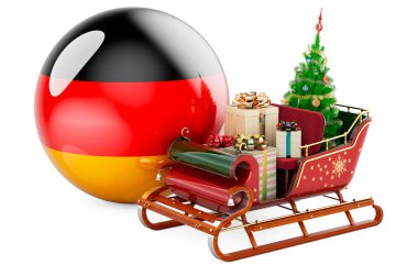 Almanya 'da Noel, konsept. Alman bayrağıyla hediye dolu Noel Baba kızağı. Beyaz arkaplanda 3B görüntüleme izole edildi