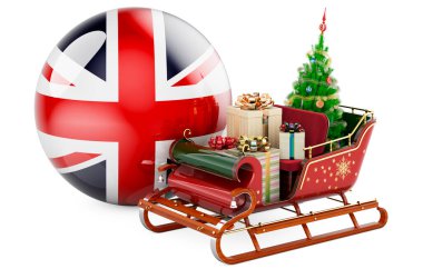 İngiltere 'de Noel, konsept. İngiliz bayrağıyla hediye dolu Noel Baba kızağı. Beyaz arkaplanda 3B görüntüleme izole edildi