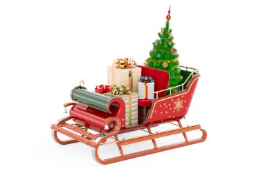 Noel Baba 'nın Noel ağacı hediye dolu kızağı. Beyaz arkaplanda 3B görüntüleme izole edildi
