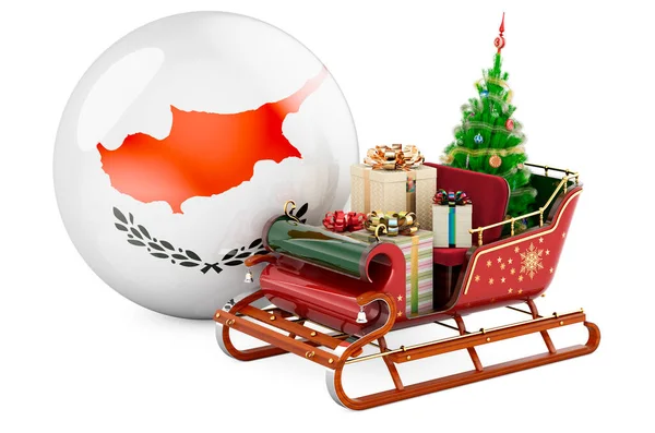 塞浦路斯的圣诞节 圣诞圣诞老人雪橇上摆满了印有塞浦路斯国旗的礼物 在白色背景上孤立的3D渲染 — 图库照片