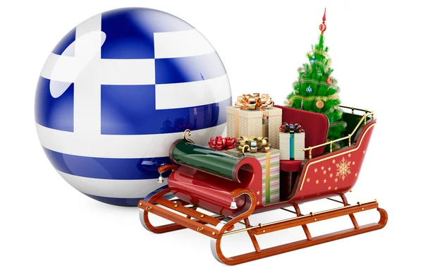 Yunanistan Noel Konsept Noel Baba Kızağı Yunan Bayraklı Hediyelerle Dolu — Stok fotoğraf