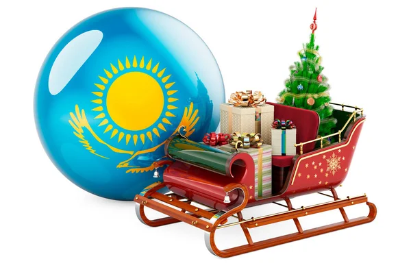 Kazakistan Noel Konsept Noel Baba Kızağı Kazak Bayraklı Hediyelerle Dolu — Stok fotoğraf