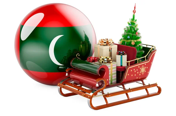 Jul Maldiverna Koncept Jultomten Släde Full Presenter Med Maldiviska Flaggan — Stockfoto
