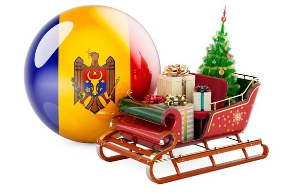Święta Mołdawii Boże Narodzenie Santa Sanie Pełne Prezentów Flagą Mołdawii — Zdjęcie stockowe