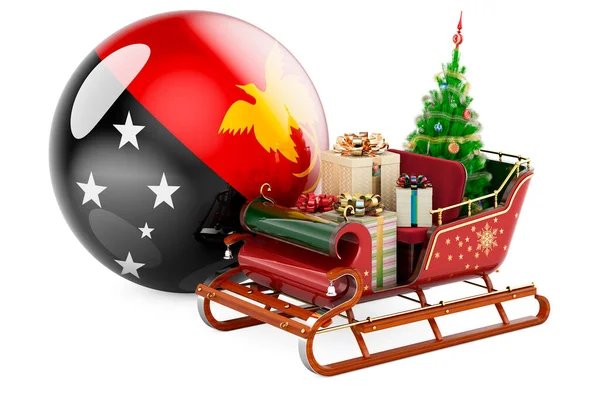 巴布亚新几内亚的圣诞节 圣诞圣诞老人雪橇上摆满了礼物 上面挂满了巴布亚 新几内亚国旗 在白色背景上孤立的3D渲染 — 图库照片