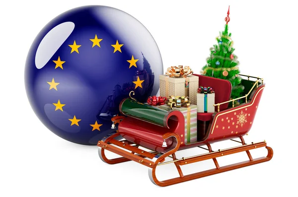Vánoce Evropské Unii Koncept Vánoční Saně Plné Dárků Vlajkou Vykreslování — Stock fotografie