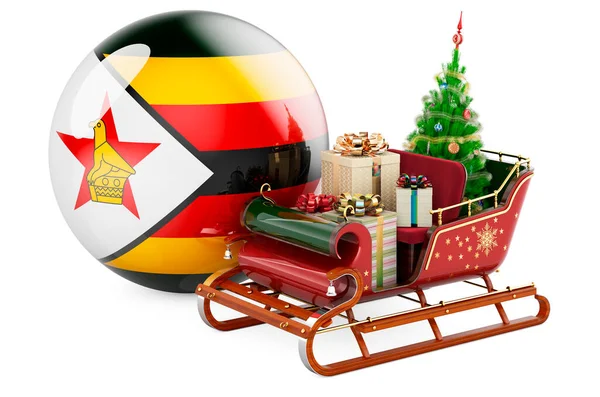 Christmas Zimbabwe Concept Christmas Santa Sleigh Full Gifts Zimbabwean Flag — Stock Photo, Image