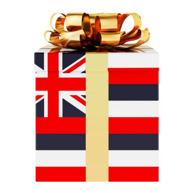 İçinde Hawaii bayrağı olan bir hediye kutusu. Hawaii 'de tatil, konsept. Beyaz arkaplanda 3B görüntüleme izole edildi