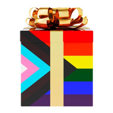 Modern LGBTQ bayrağına sahip hediye kutusu, beyaz arkaplanda 3 boyutlu görüntüleme