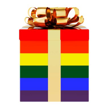 Gökkuşağı LGBT bayrağıyla hediye kutusu, beyaz arkaplanda 3 boyutlu görüntüleme