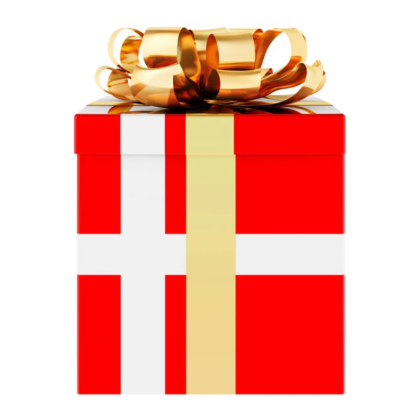 有丹麦国旗的礼品盒 在丹麦度假 在白色背景上孤立的3D渲染 — 图库照片