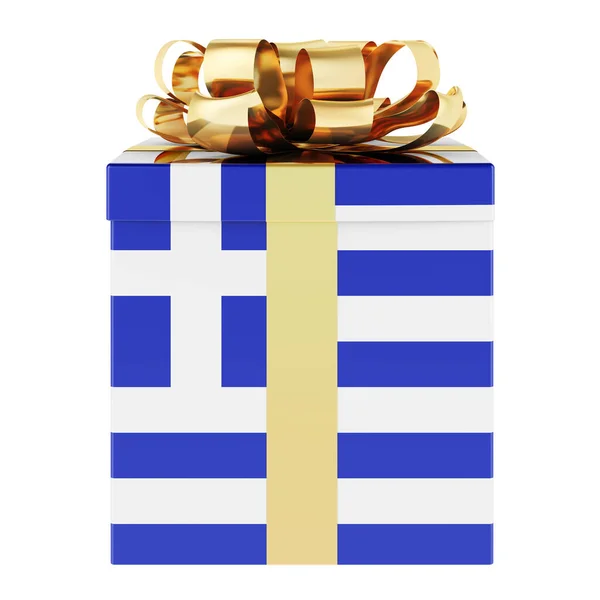 Yunan Bayrağıyla Birlikte Hediye Kutusu Yunanistan Tatil Konsept Beyaz Arkaplanda — Stok fotoğraf