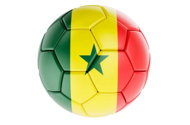 Senegal bayrağı taşıyan futbol topu ya da futbol topu, beyaz arkaplanda 3 boyutlu görüntüleme