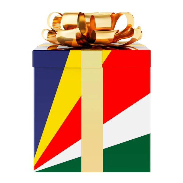 Ajándékdoboz Seychelloise Zászlóval Nyaralás Seychelle Szigeteken Koncepció Renderelés Elszigetelt Fehér — Stock Fotó