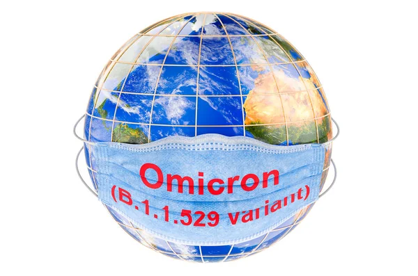 Omicron Covid Variative 529 World Concept 의료용 마스크가 지구본 백인들에게 — 스톡 사진