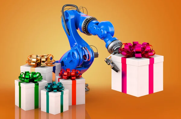 Roboterarm Mit Geschenken Darstellung Isoliert Auf Orangefarbenem Hintergrund — Stockfoto