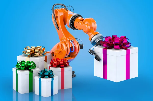 Roboterarm Mit Geschenken Rendering Isoliert Auf Blauem Hintergrund — Stockfoto