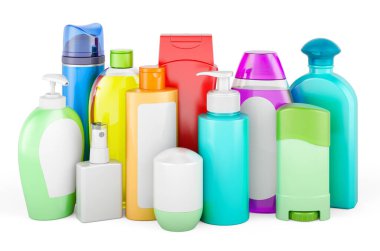 Kozmetik şişeleri. Şampuan, merhem, saç kremi, deodorant, tıraş köpüğü, sabun ve diğer ürünler. Beyaz arkaplanda 3B görüntüleme izole edildi