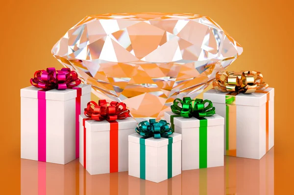 Diamant Avec Cadeaux Rendu Isolé Sur Fond Orange — Photo