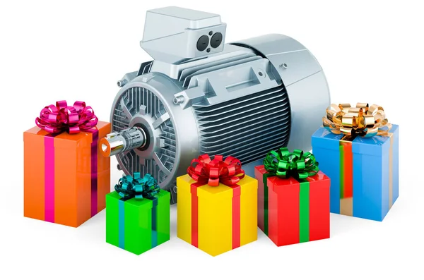 Motor Eléctrico Con Cajas Regalo Renderizado Aislado Sobre Fondo Blanco — Foto de Stock