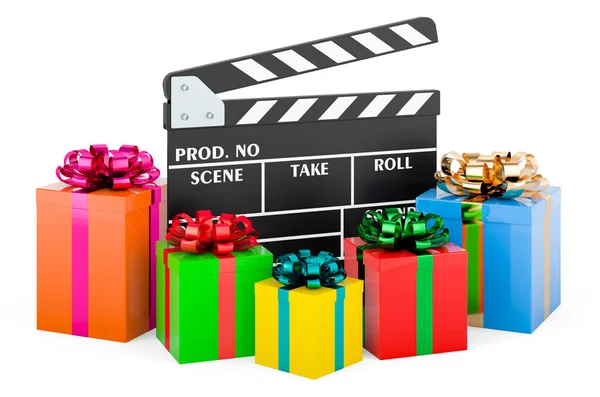 Clapperboard Mit Geschenkschachteln Rendering Isoliert Auf Weißem Hintergrund — Stockfoto