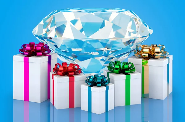 Diamant Avec Cadeaux Rendu Isolé Sur Fond Bleu — Photo
