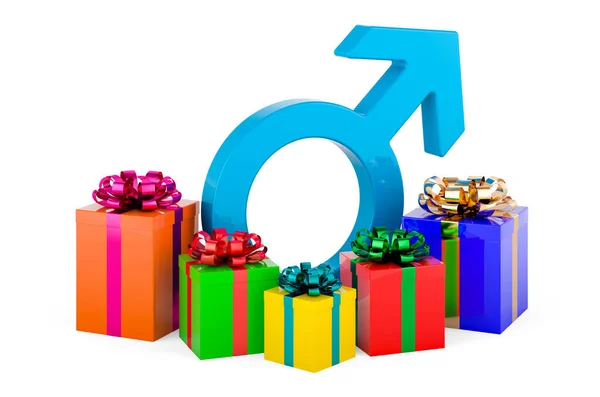 Sexo Masculino Símbolo Com Caixas Presente Renderização Isolado Fundo Branco — Fotografia de Stock