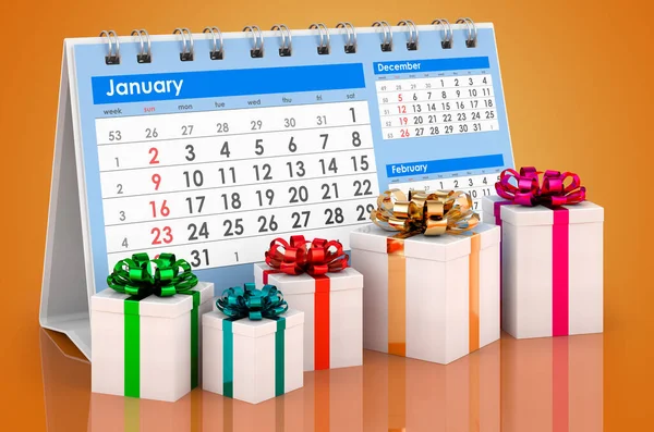 Calendario Scrivania Con Regali Rendering Isolato Sfondo Arancione — Foto Stock