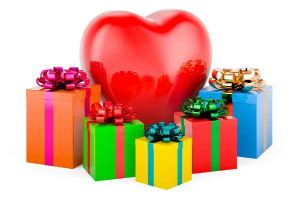 Червоне Серце Подарунковими Коробками Візуалізація Ізольовано Білому Тлі — стокове фото