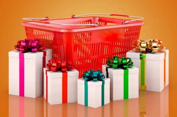 Shopping Basket Gifts Rendering Isolated Orange Background — Fotografia de Stock