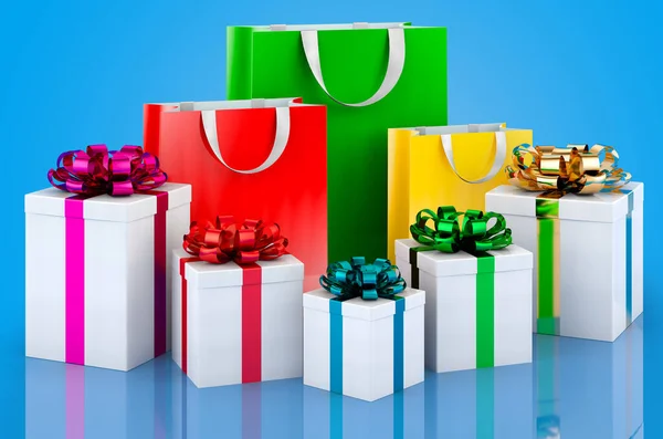 Shopping Bags Presents Rendering Isolated Blue Background — 图库照片#