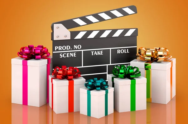 Clapperboard Gifts Rendering Isolated Orange Background — Stockfoto