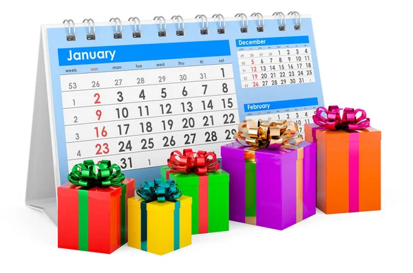 Calendario Con Cajas Regalo Renderizado Aislado Sobre Fondo Blanco — Foto de Stock