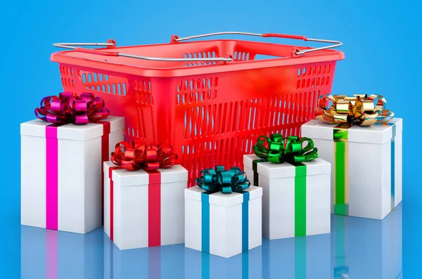 带有礼物的购物篮 3D渲染隔离在蓝色背景下 — 图库照片