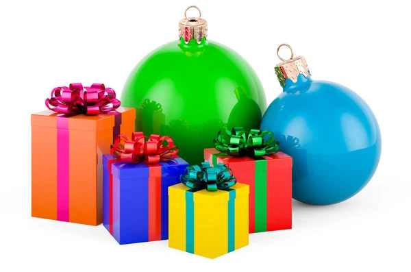 Boules Noël Avec Boîtes Cadeaux Rendu Isolé Sur Fond Blanc — Photo