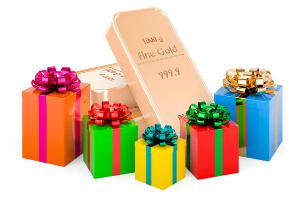 Gold Ingots Gift Boxes Rendering Isolated White Background — Stock Photo, Image