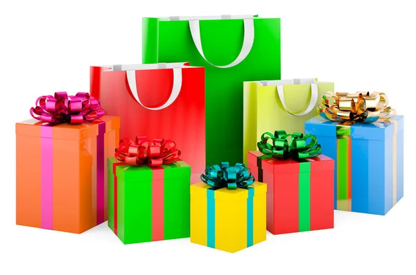 Shopping Bags Gift Boxes Rendering Isolated White Background — Stockfoto