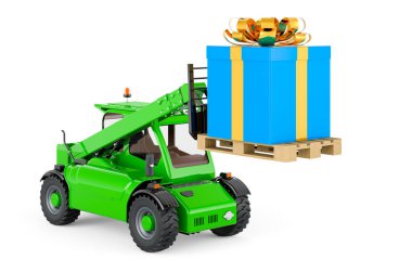 Hediye kutusu ile forklift kamyon. Hediye teslimat kavramı, beyaz arka plan üzerinde izole 3d render
