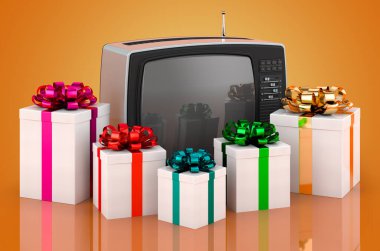 Hediyeli Retro TV seti, turuncu arkaplanda 3 boyutlu görüntüleme