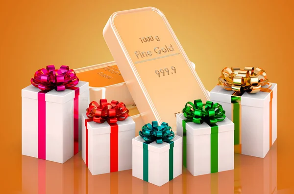 Golden Bricks Gifts Rendering Isolated Orange Background — Fotografia de Stock