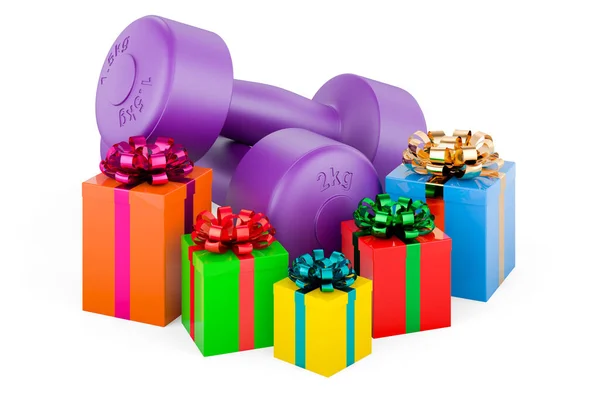 Purple Dumbbells Gift Boxes Rendering White Background — Fotografia de Stock