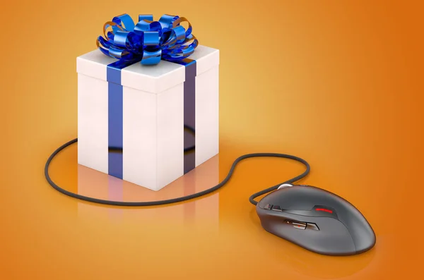 网上购物的概念 礼物用电脑鼠标 在橙色背景下孤立的3D渲染 — 图库照片