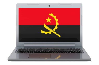Angolan flag on laptop screen. 3D illustration isolated on white background